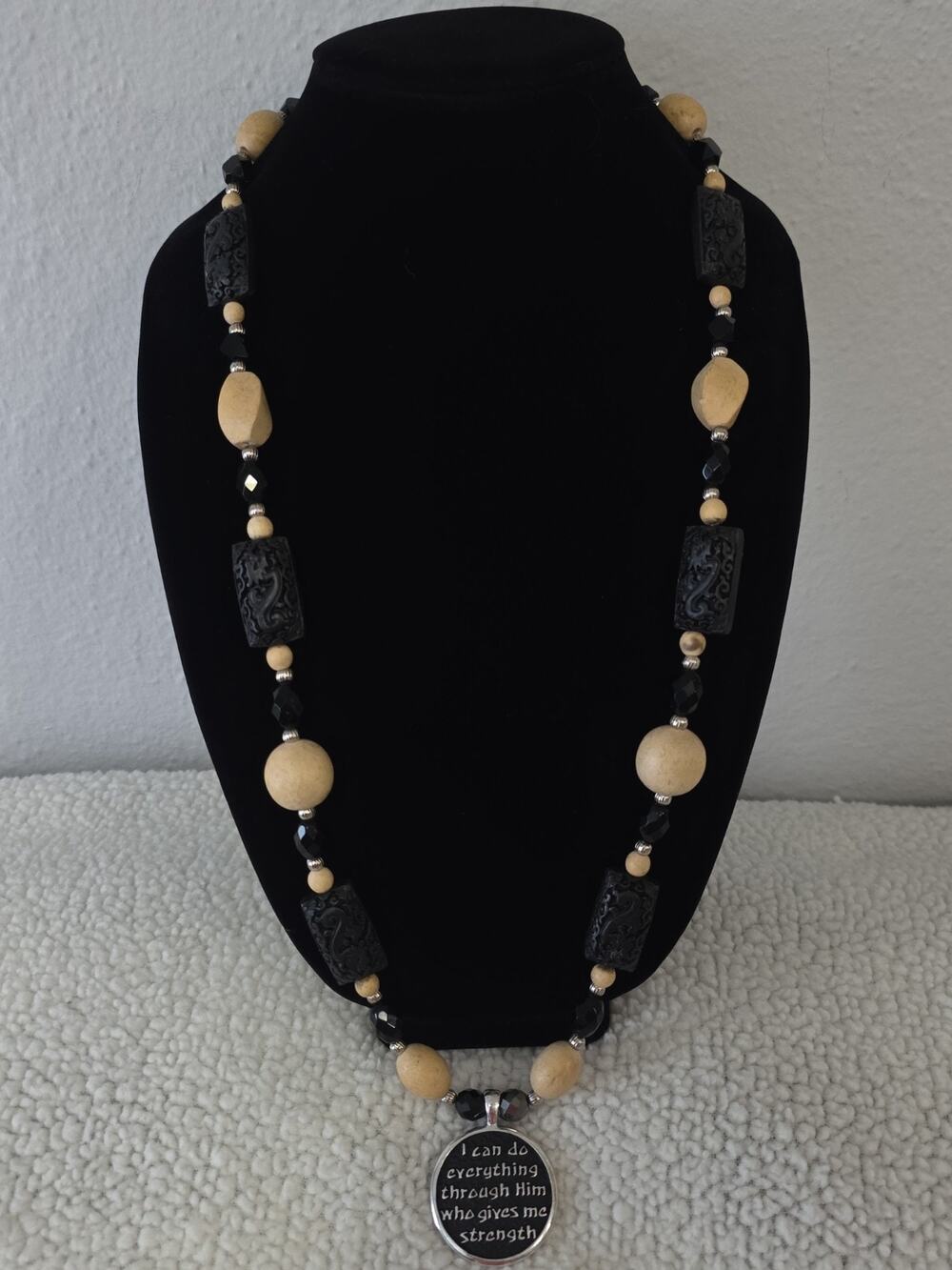Long Beaded Statement Pendant Necklace Chunky Heavy Carved Black Tan Silver Tone